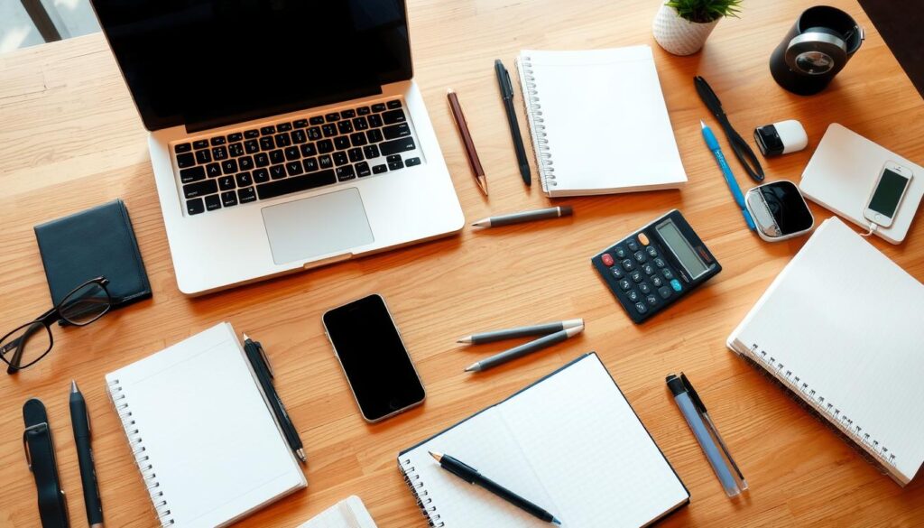 A well-organized workspace with an array of essential entrepreneurial tools laid out on a clean, wooden table. Neatly arranged items include a laptop, smartphone, notebook, pen, calculator, and various office supplies. Warm, natural lighting casts a soft glow across the scene, creating a productive and inviting atmosphere. The overall composition conveys a sense of order, focus, and the resources needed to empower budding entrepreneurs on their journey.