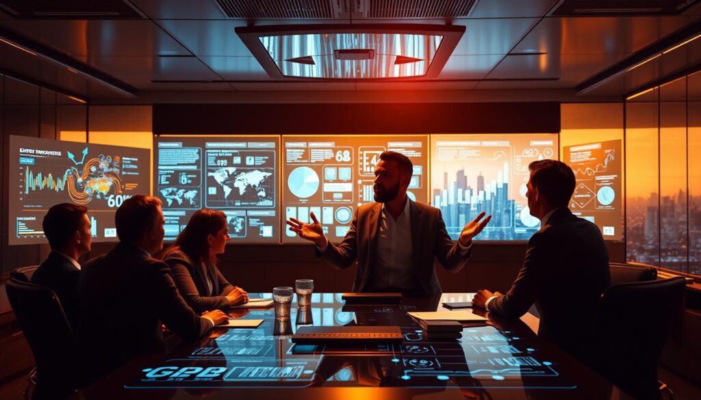 Desafios do empreendedorismo corporativo: a boardroom with executives brainstorming, surrounded by holographic displays showcasing complex data visualizations and business strategies. The lighting is warm and focused, creating a sense of intensity and determination. In the foreground, a team leader gestures passionately, outlining new initiatives to foster a culture of innovation and agility. The background features a panoramic cityscape, hinting at the broader economic and competitive landscape that the company must navigate. The overall atmosphere conveys the high-stakes challenges and opportunities inherent in corporate entrepreneurship.