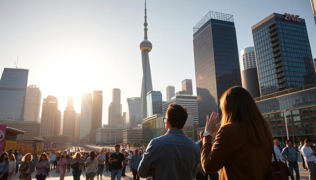 Opportunities for innovation: a vibrant cityscape with modern skyscrapers, bustling streets, and a diverse array of people. Warm, golden sunlight illuminates the scene, casting long shadows and creating a sense of dynamism and energy. In the foreground, a group of individuals are engaged in animated discussion, gesturing excitedly as they explore new ideas. The middle ground features a mix of traditional and cutting-edge architecture, hinting at the blend of old and new that often drives innovation. In the background, a towering, futuristic-looking structure stands as a symbol of the region's technological prowess and forward-thinking mindset. The overall atmosphere conveys a sense of possibility, creativity, and the potential for transformative change.