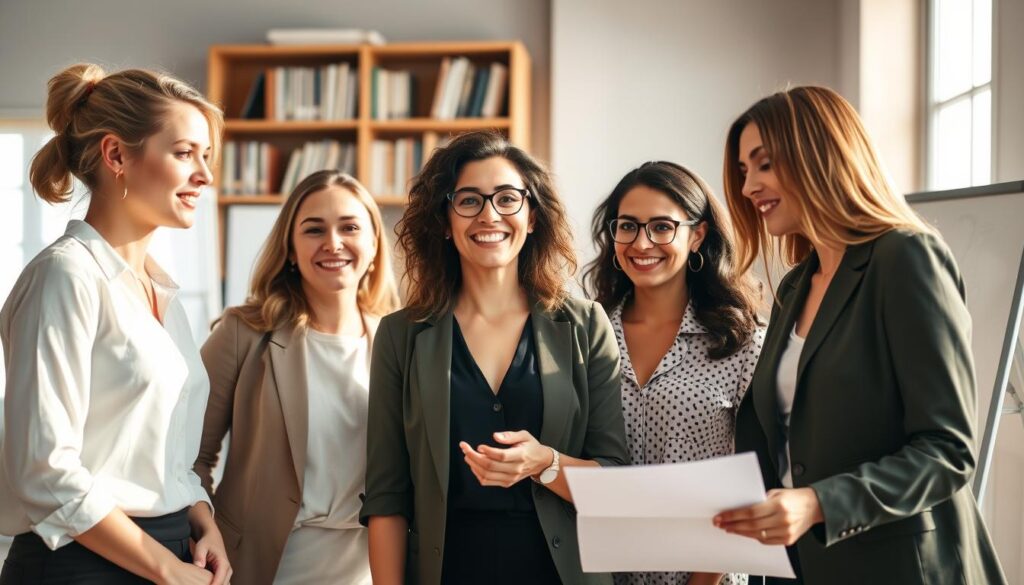 Strategies for Female Entrepreneurs: A scene depicting a diverse group of confident, ambitious women collaborating on a business plan. Bright natural light floods the room, casting a warm, inspiring glow. In the foreground, a woman gestures enthusiastically while her colleagues nod in agreement, their expressions determined and focused. Bookshelves and whiteboards line the background, hinting at a professional, well-equipped workspace tailored for enterprising women. The overall atmosphere conveys a sense of camaraderie, creativity, and a determination to succeed against the odds.